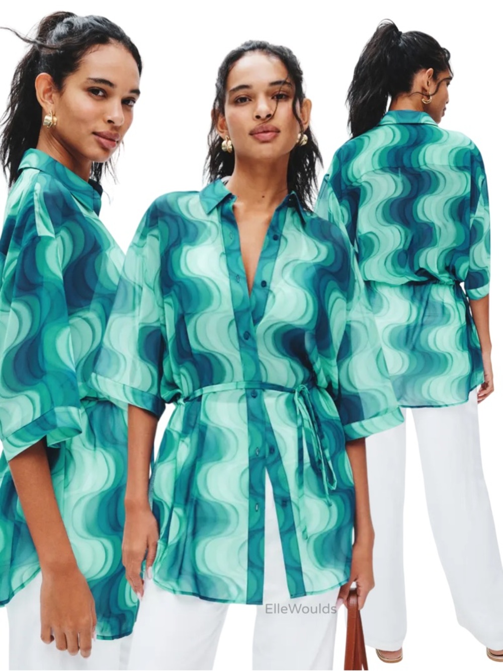 Devon Windsor Gala Cover-Up Shirt Green Wave Print Size Medium $225 Retail